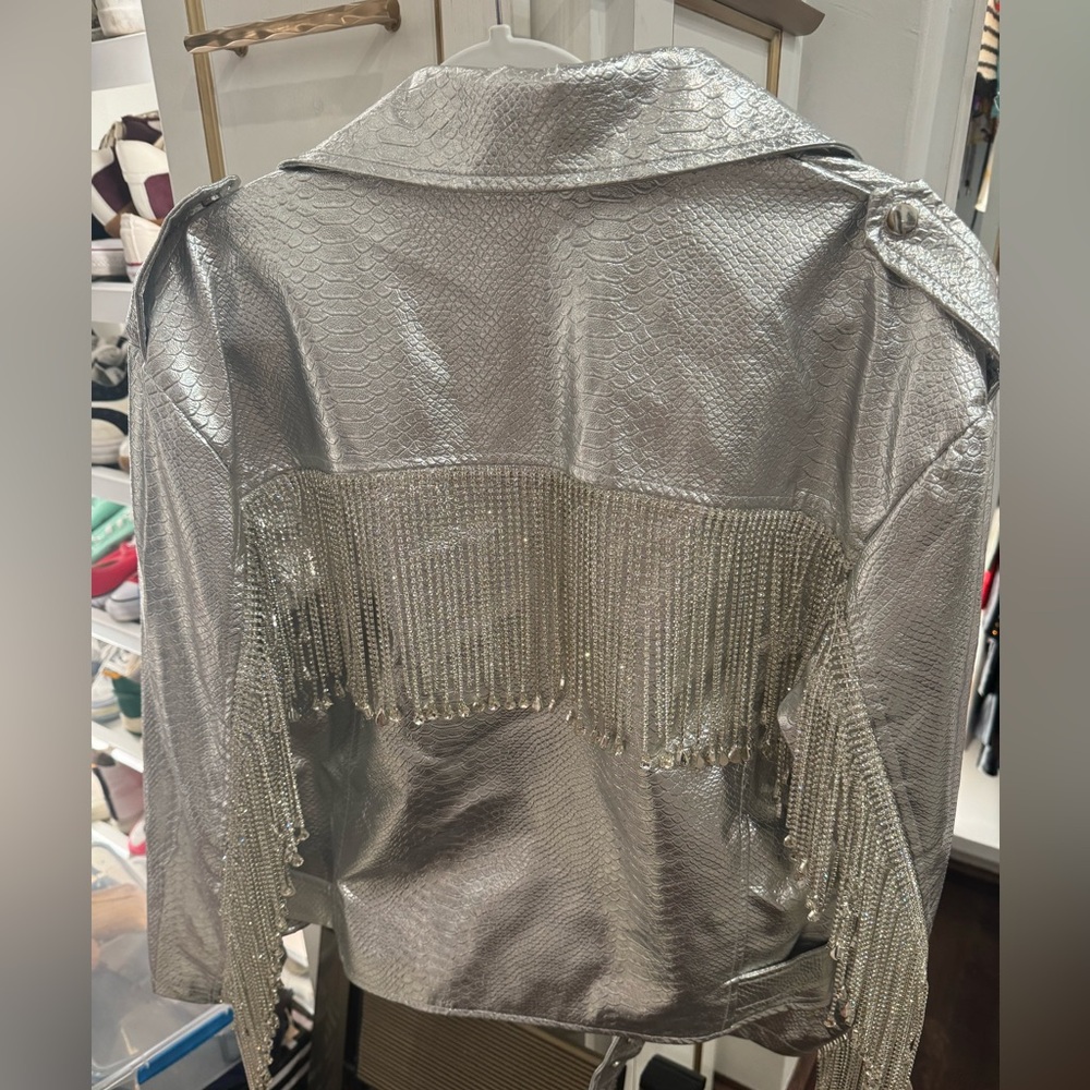 Azalea Wang faux metallic moto jacket